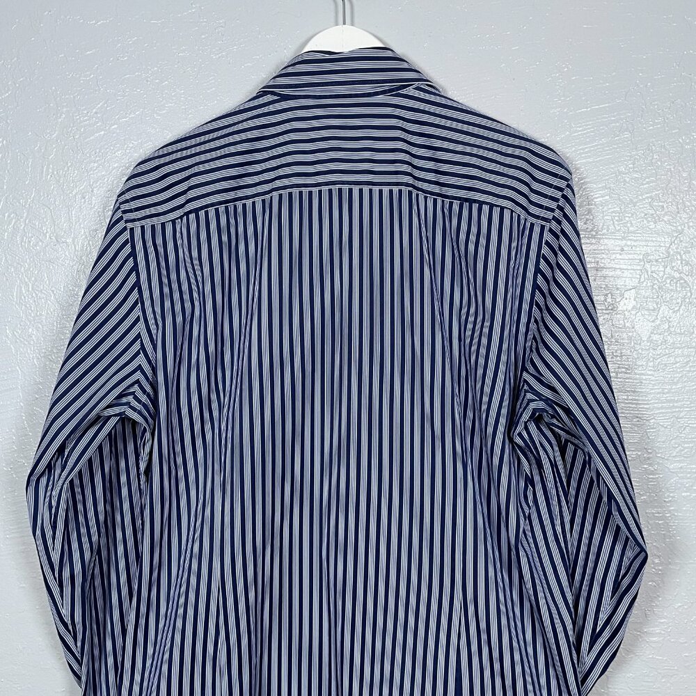Hugo Boss Men 43 17 Navy Blue White Stripe Shirt Slim Fit Two Ply Spread Collar - Picture 7 of 10
